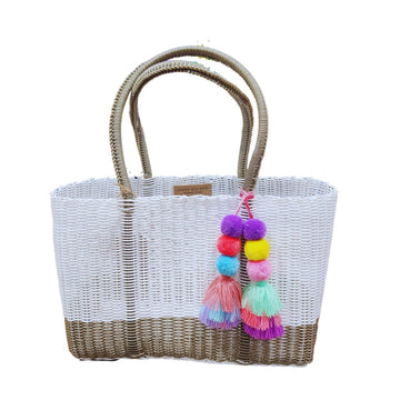 Unas Bolsas Ivy Short Handle Tote Medium with Pompoms