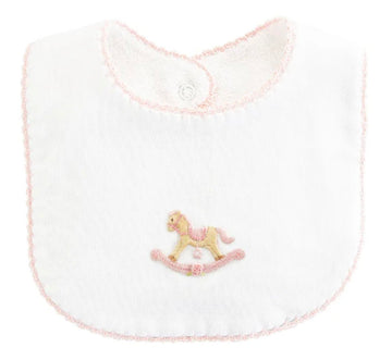 Cute Pink Rocking Horse Embroidered Bib with Crochet Trim