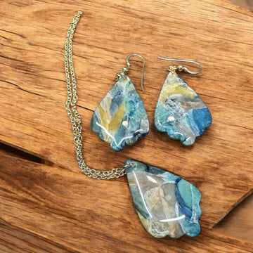 Faux Stone Beachy Polymer Clay Earrings, gold filled earrings and necklace