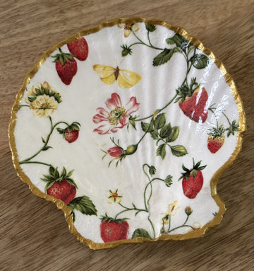 Decoupaged Scallop Shell Jewelry/Trinket Dish - Strawberries