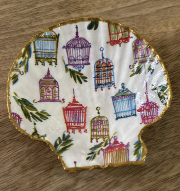 Decoupaged Scallop Shell Jewelry/Trinket Dish - Chinoiserie Bird Cages