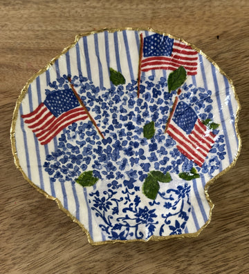 Decoupaged Scallop Shell Jewelry/Trinket Dish - Hydrangeas & American Flags