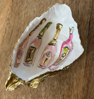 Decoupaged Oyster Shell Jewelry/Trinket Dish - Champagne Bottles