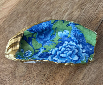 Decoupaged Oyster Shell Jewelry/Trinket Dish - Blue & Green Chinoiserie (Birds)