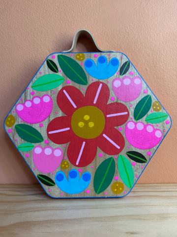 Floral 1 Painted Wooden Wall Hanging with Strap