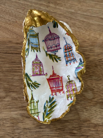 Decoupaged Oyster Shell Jewelry/Trinket Dish - Chinoiserie Bird Cages