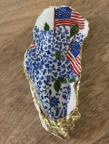 Decoupaged Oyster Shell Jewelry/Trinket Dish - Hydrangeas with American Flags