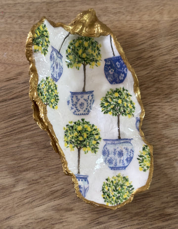 Decoupaged Oyster Shell Jewelry/Trinket Dish - Blue & Green Topiaries