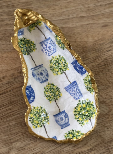 Decoupaged Oyster Shell Jewelry/Trinket Dish - Blue & Green Topiaries II