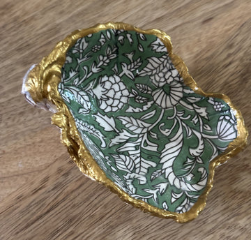 Decoupaged Oyster Shell Jewelry/Trinket Dish - Green & White Floral Print