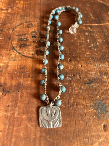 Pewter Folk Flower Pendant Necklace