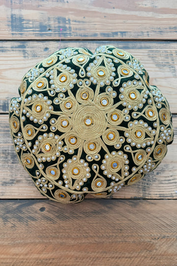 Handmade Beaded Round Velvet and Gold Pillow Case - Vintage