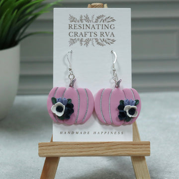 Floral Pumpkin Polymer Clay Earrings - Hypoallergenic Sterling Silver