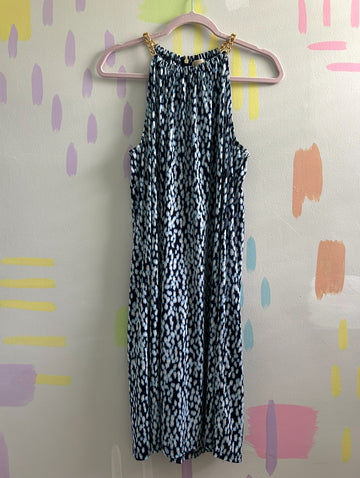 Michael Kors Navy & Light Blue Speckled Print Chain Halter Dress - Size Large