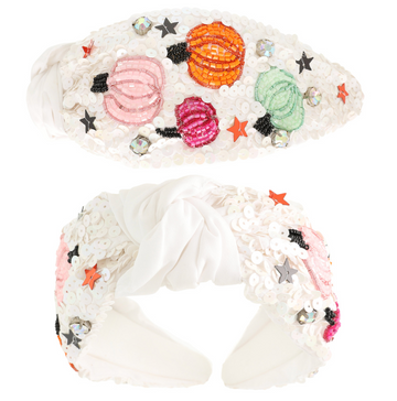 Top Knot Headband - Festive Pumpkin Crystal Sequins and Seed Bead Embellished