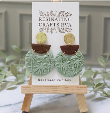 Faux Ceramic Look Palm Tree Polymer Clay Earrings with Faux Wood Accents - Boho Chic Jewelry, Unique Handmade Jewelry, Tropical Vibes