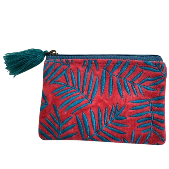 Farrah Velvet Pouch Tropical Turquoise Leaves