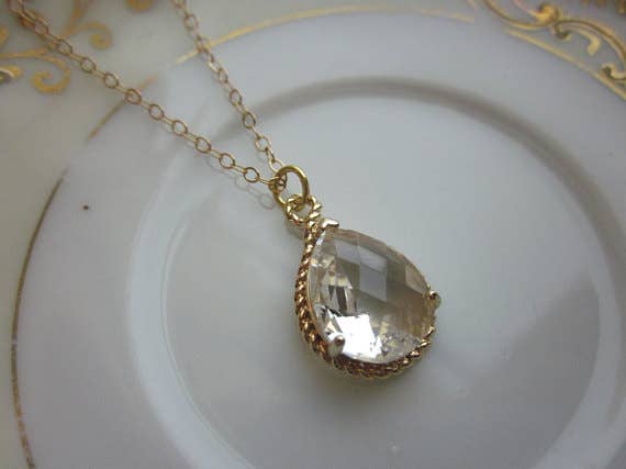 Crystal Necklace Gold Clear Teardrop