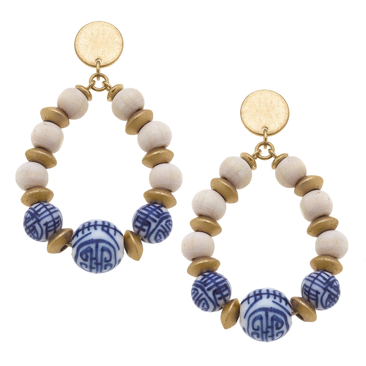 Tansy Chinoiserie & Painted Wood Teardrop Earrings in Ivory