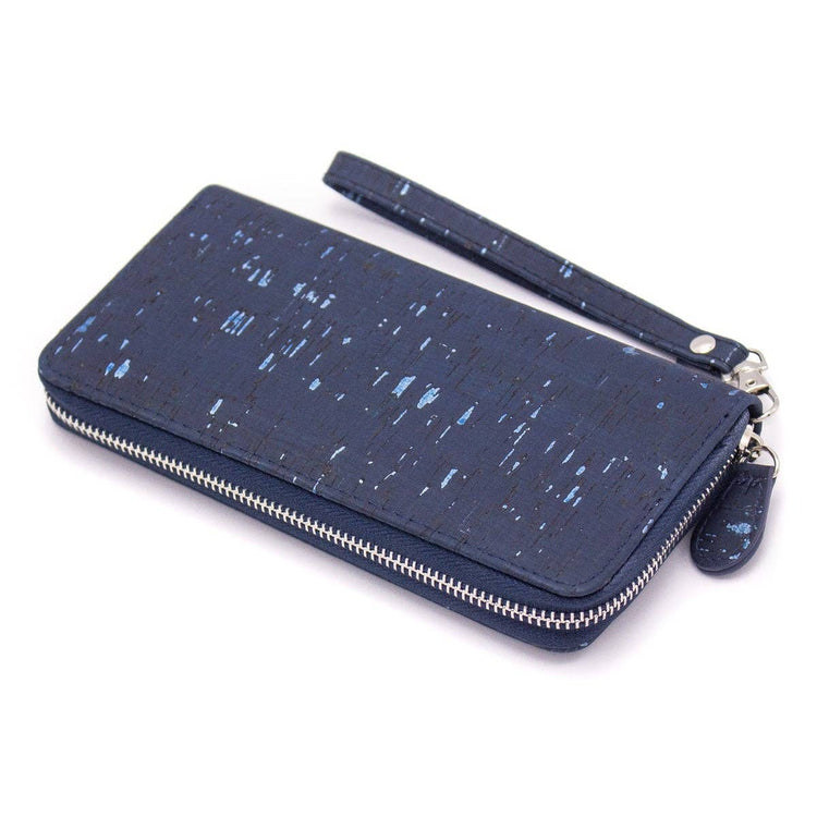 Blue mixed silver cork with accents women card zipper vegan wallet