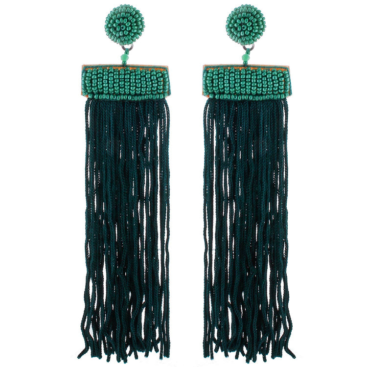 Maxine Teal Seed Bead & Tassel Statement Earrings
