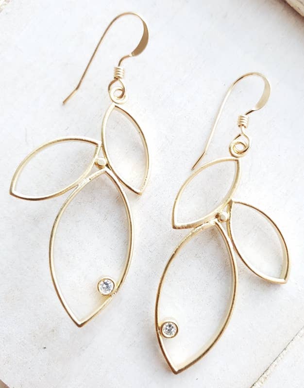 Gold Triple Leaf w/Crystal Earrings