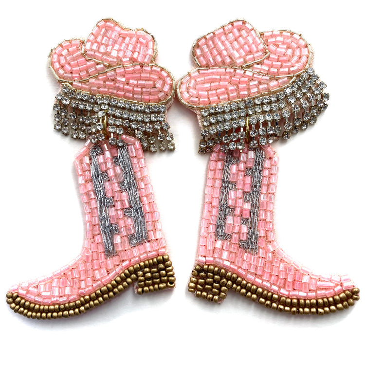 Pink Cowboy Hat Boots Party Rhinestone Seed Bead Post