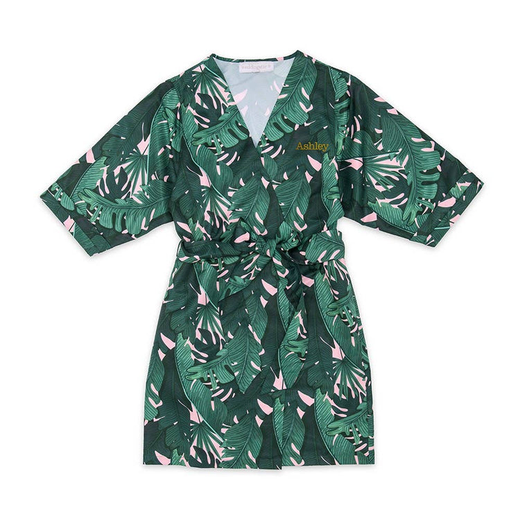 Tropical Satin Robe With Pockets - Banana Leaf
