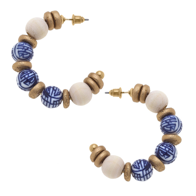 Alyssa Chinoiserie & Painted Wood Hoop Earrings in Ivory