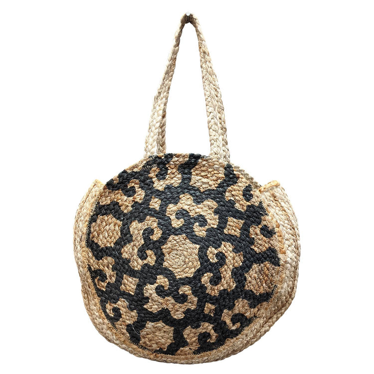 Vicki Jute Round Bag Black Scroll Shoulder Bag