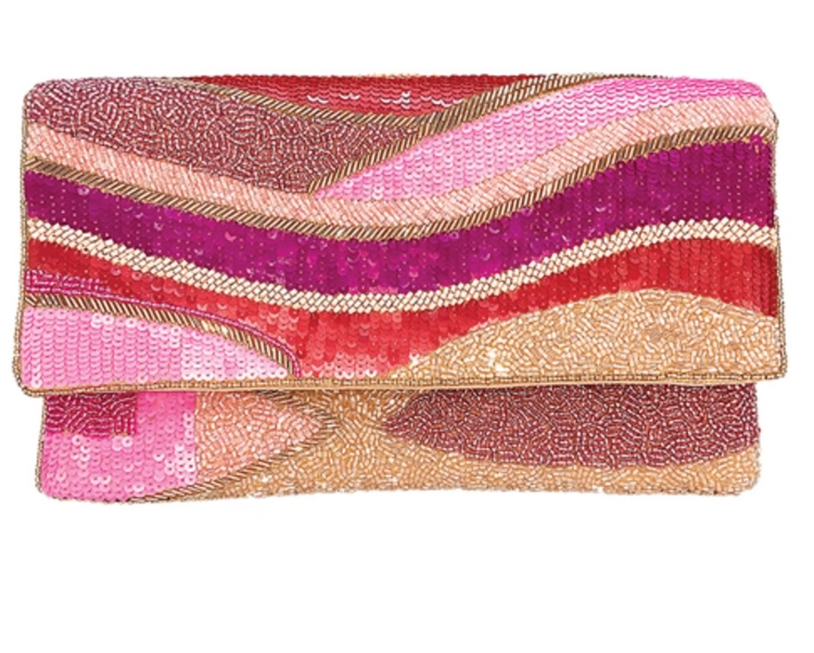 Pink Wave Hand Embellished Beaded Flap Clutch