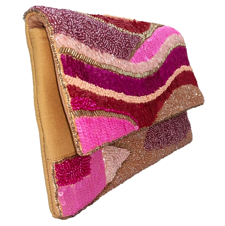Pink Wave Hand Embellished Beaded Flap Clutch