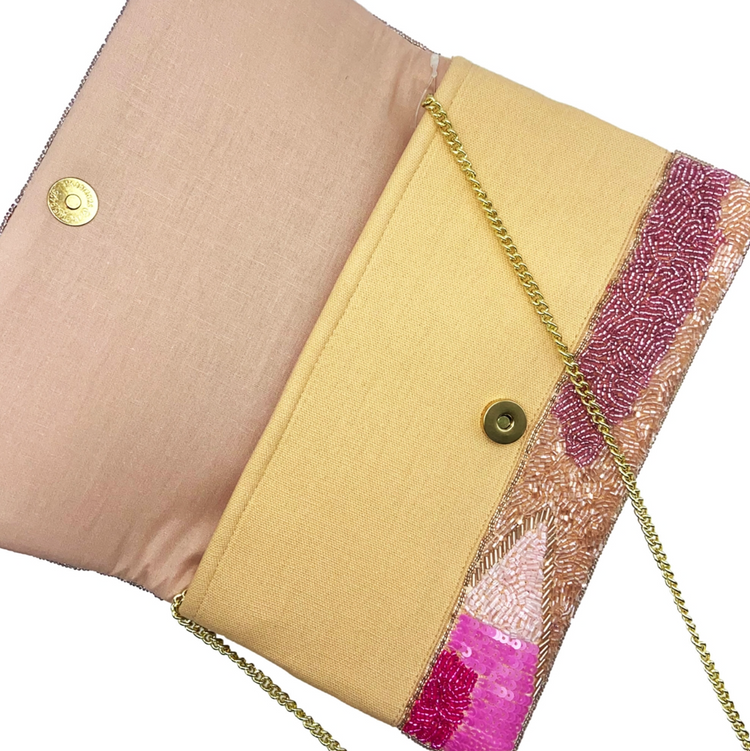 Pink Wave Hand Embellished Beaded Flap Clutch