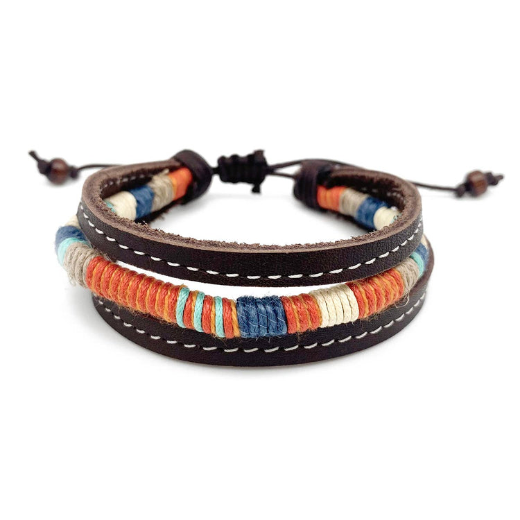 Aadi Brown Leather and Orange Twine Pull Tie Men's Bracelet