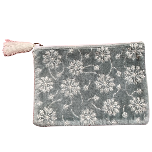 Lena Velvet Pouch White Flowers on Grey