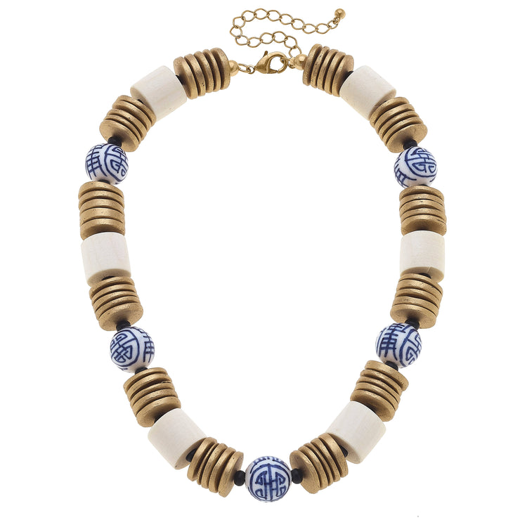 Lorelei Chinoiserie & Painted Wood Necklace in Ivory