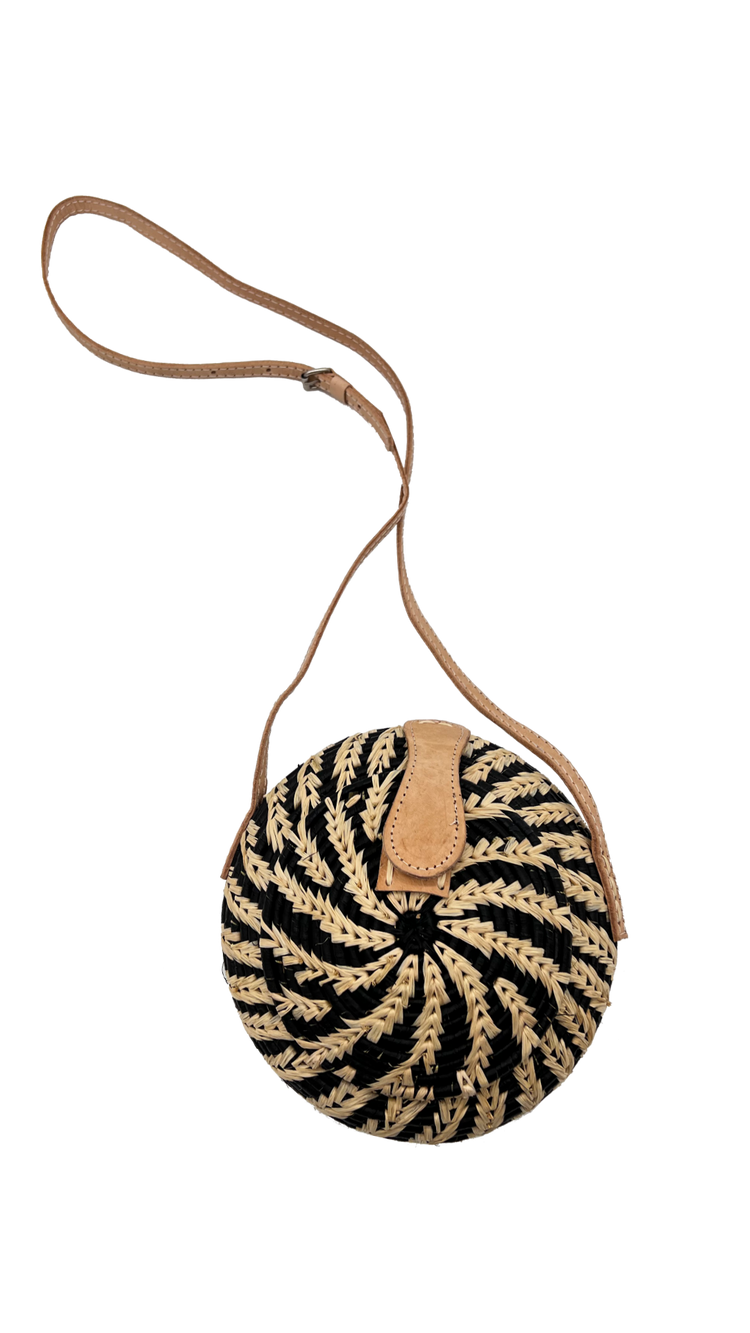 Scarlet Noir Two Tone Clam Shell Round Straw Crossbody Bag