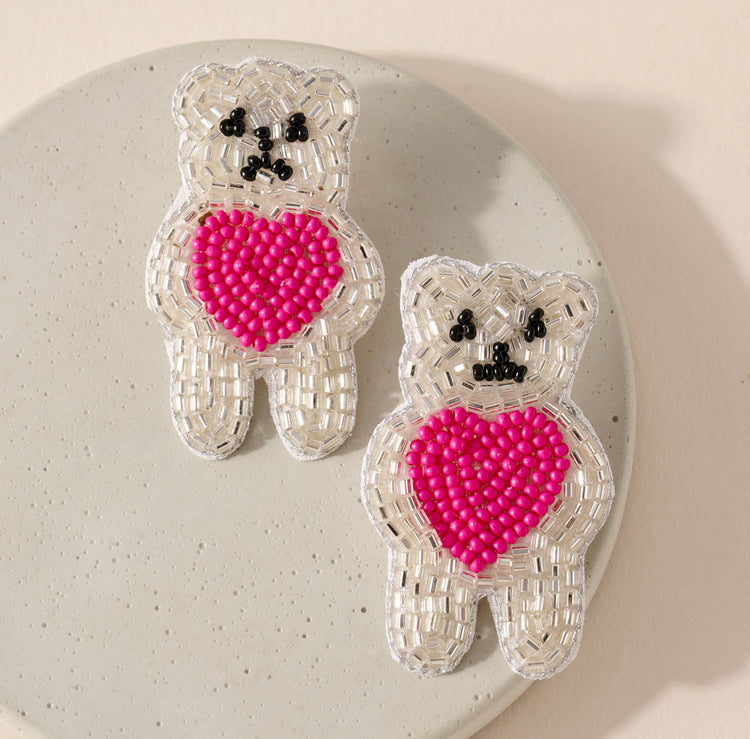 Teddy Bear Love Seed Bead Earrings