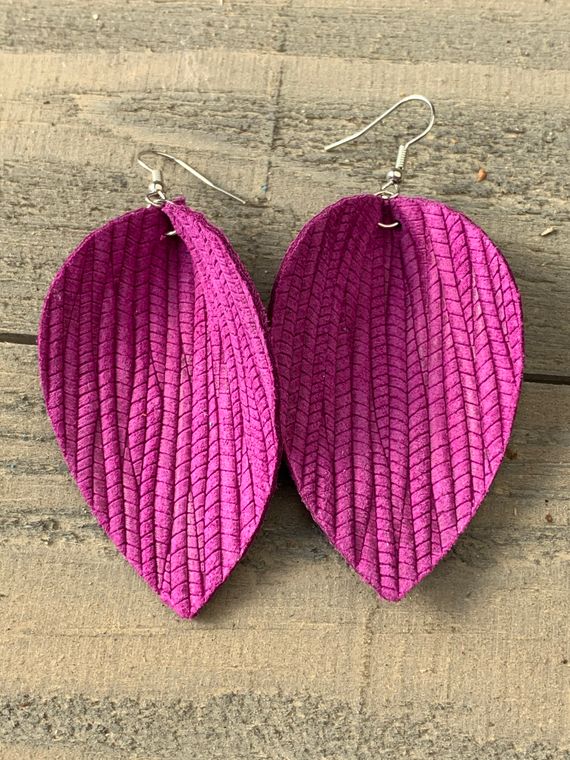 Magenta Palm Leaf Textured Leather Earrings