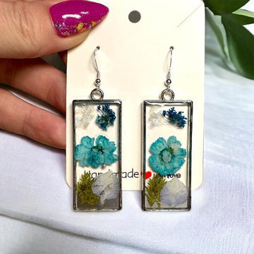 Blue dried flower bezel set resin earrings, sterling silver earrings