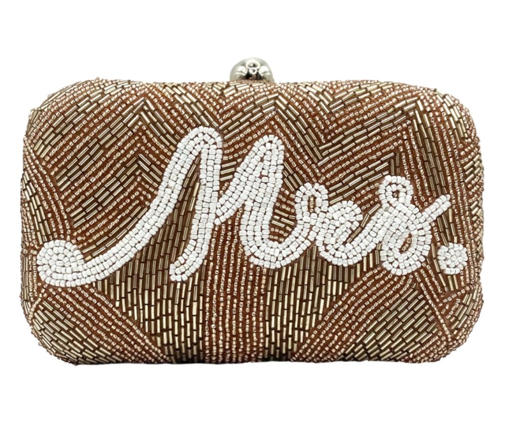 Mrs Script Beaded Snap Clutch Bag with Crossbody Chain