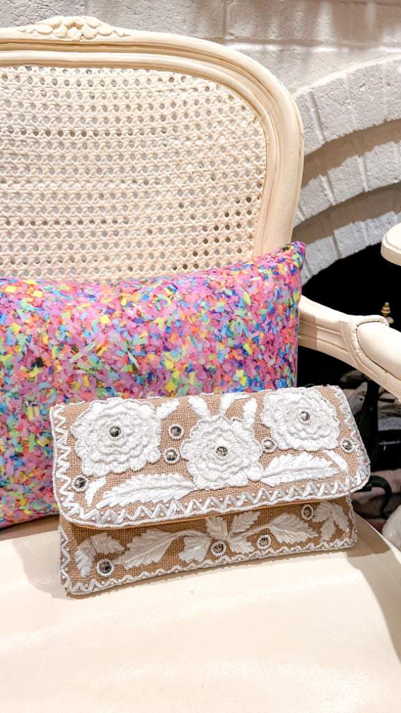 White Floral Jute Seed Bead Embroidered Clutch With Crossbody Chain