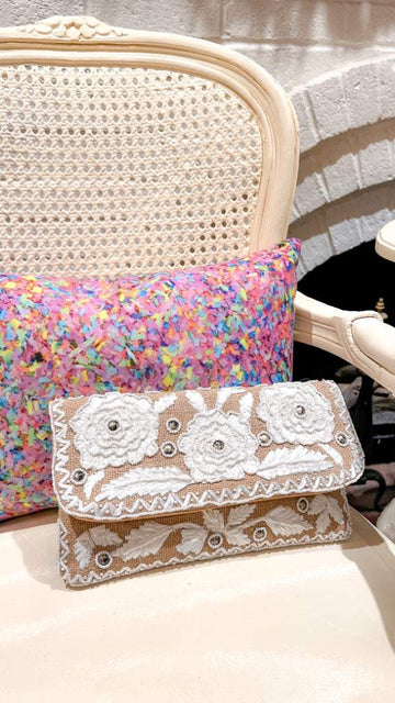 White Floral Jute Seed Bead Embroidered Clutch With Crossbody Chain