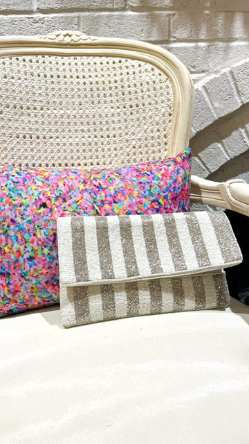 Silver Stripe Beaded Clutch