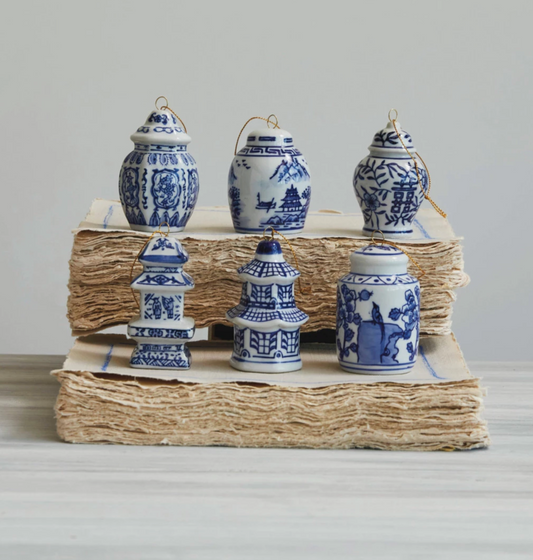 Stoneware Ginger Jar Ornament, Blue & White