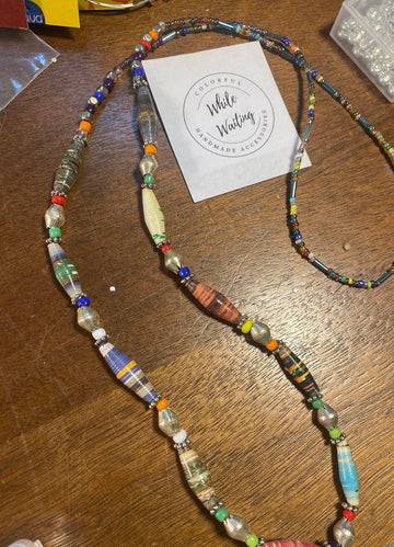 While Waiting multi colored paper bead necklace.