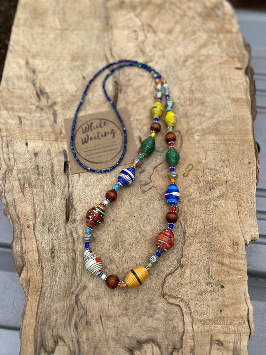 While Waiting multi colored paper bead necklace.