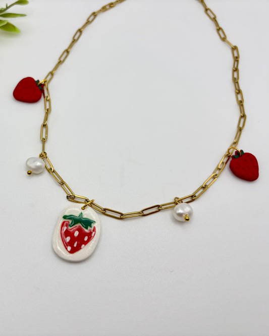 Strawberries & Cream Polymer Clay Charm Necklace - 16”