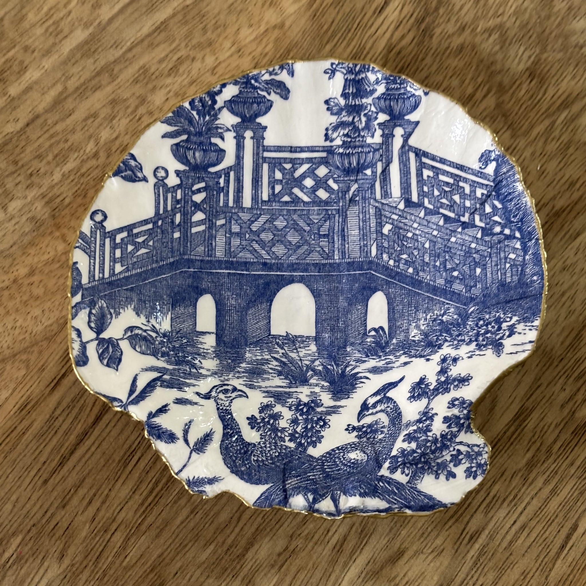 Decoupaged Scallop Shell Jewelry/Trinket Dish - Blue Chinoiserie (Bridge)