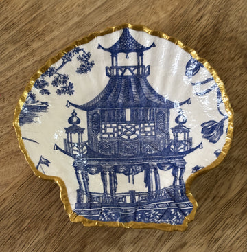 Decoupaged Scallop Shell Jewelry/Trinket Dish - Blue Chinoiserie (Pagoda)